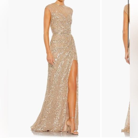 Mac Duggal Illusion Neck Sequin Gown blush pink silver beaded formal dress - Picture 1 of 8